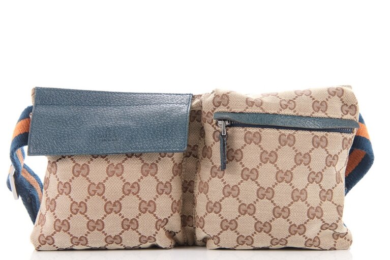 Gucci Unisex Bauchtasche Guccissima Blau Leder Beige Canvas Blau Orange 