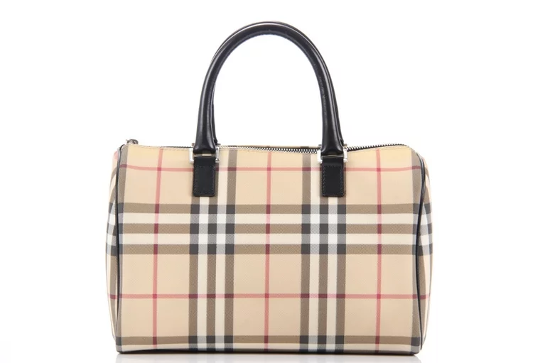 Burberry Speedy Boston Bag 25 Check Beige Vinyl Schwarz Leder